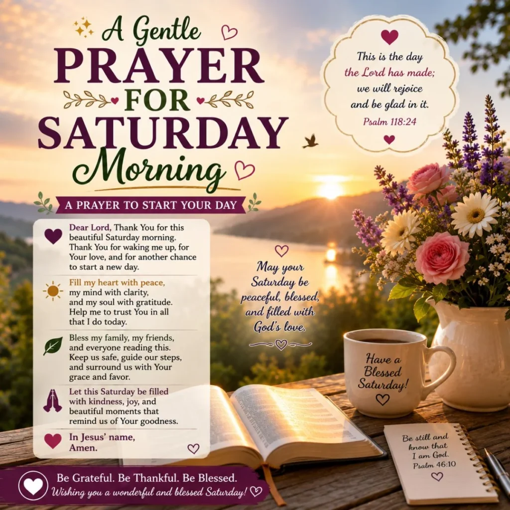 A gentle prayer for Saturday morning with sunrise, Bible, coffee cup, flowers, and inspirational blessings