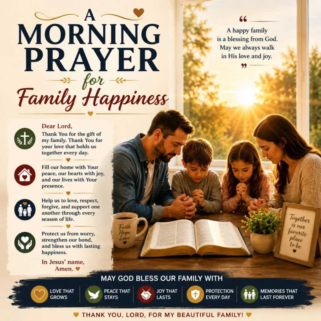 Family praying together at sunrise with a morning prayer for family happiness and God's blessings