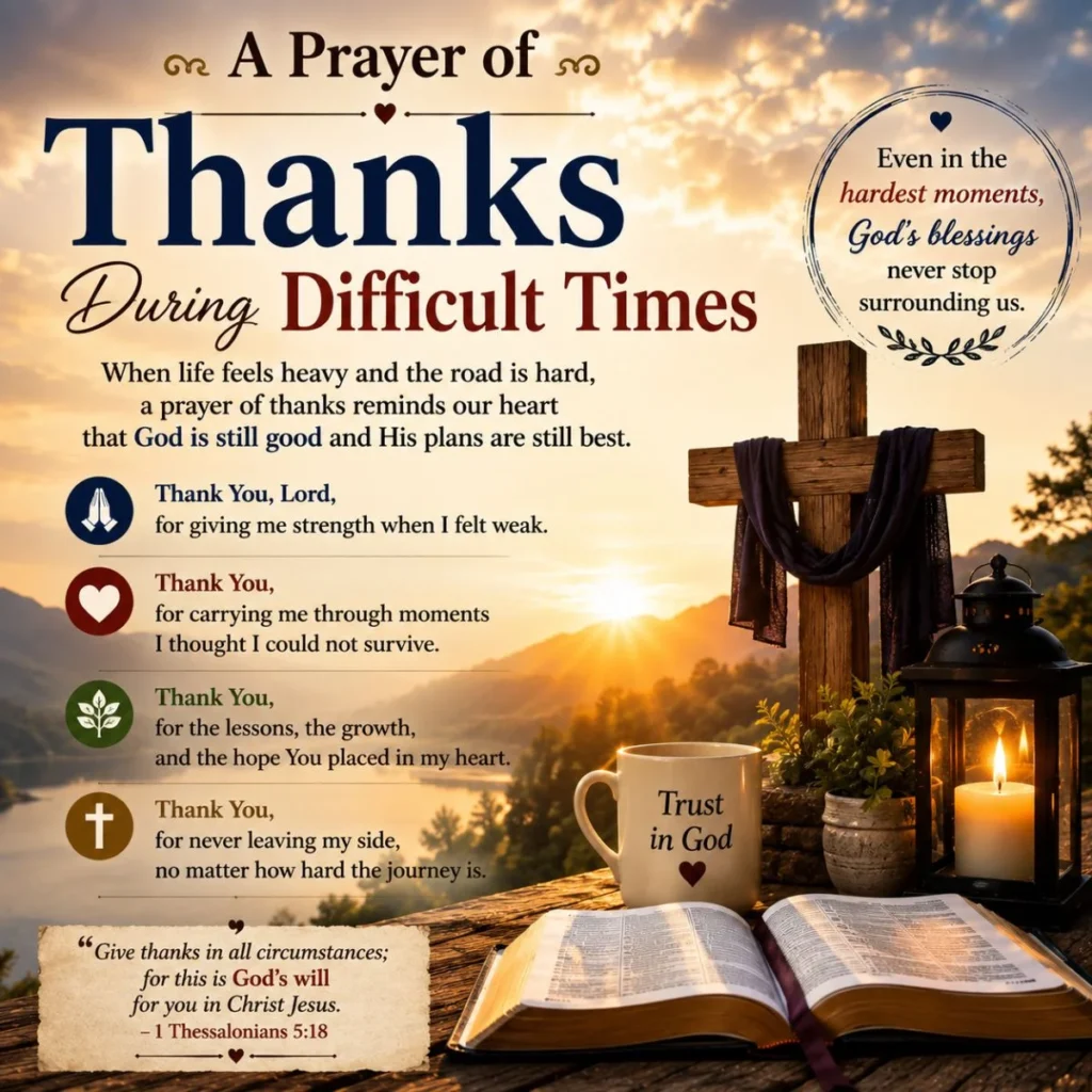 A prayer of thanks during difficult times with Bible, cross, candle, and sunrise symbolizing faith and hope.