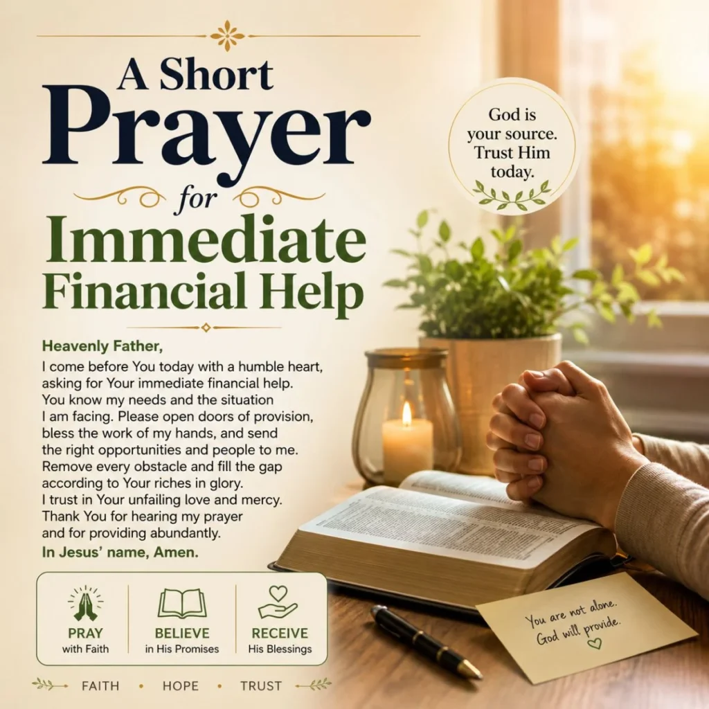 Praying hands beside an open Bible and candle with a short prayer for immediate financial help and God's provision.
