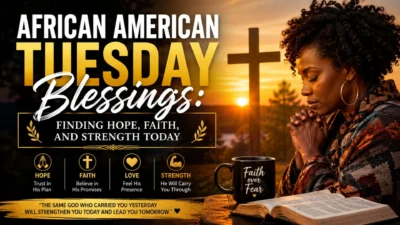 African American Tuesday Blessings image featuring a praying woman, sunrise, cross, faith, hope, and strength.