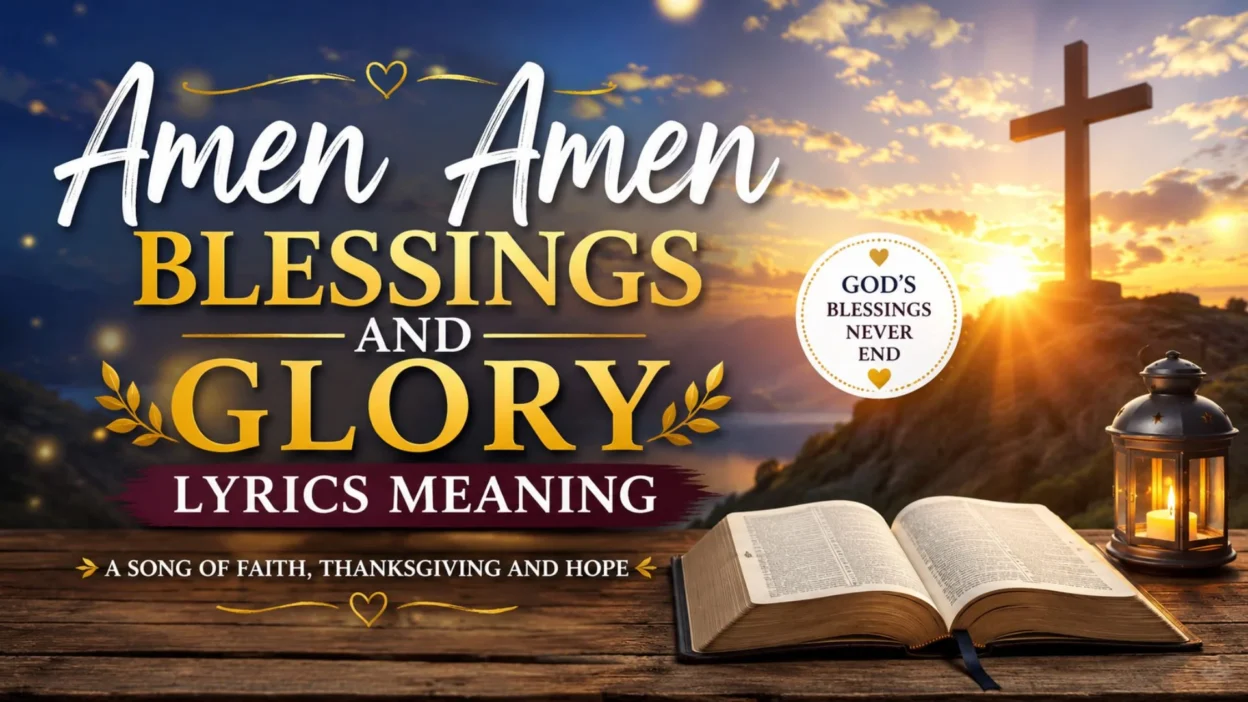 Amen Amen Blessings and Glory Lyrics Meaning image with cross, Bible, and sunrise symbolizing faith and hope
