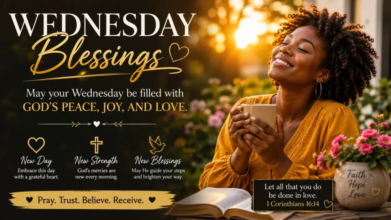 Beautiful African American woman enjoying a peaceful Wednesday morning with inspirational blessings and faith message