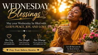 Beautiful African American woman enjoying a peaceful Wednesday morning with inspirational blessings and faith message