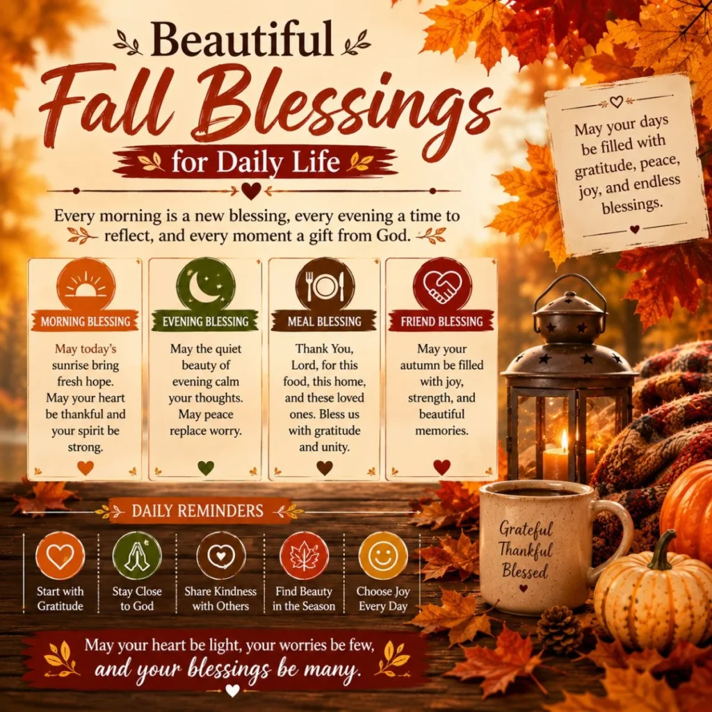 Beautiful fall blessings for daily life with autumn leaves, lantern, pumpkins, gratitude, and peaceful messages