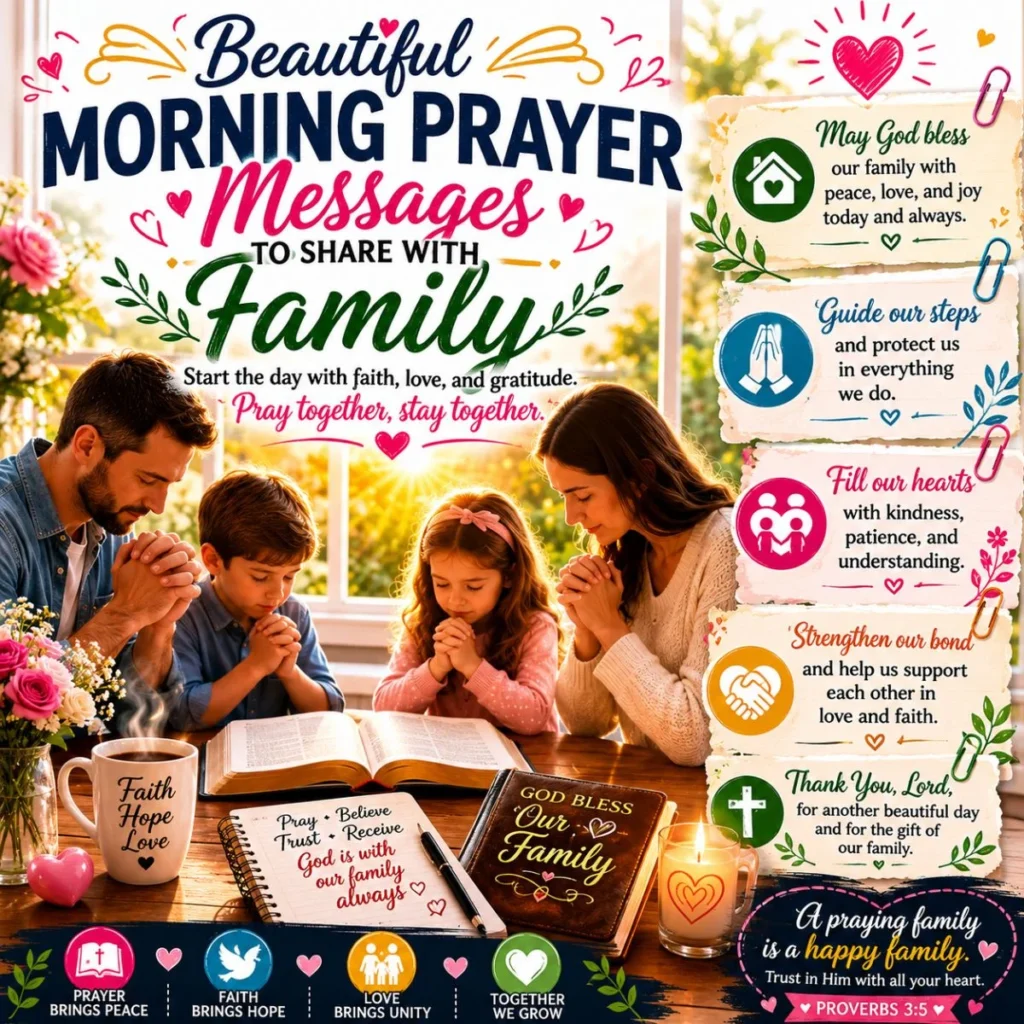 Family praying together at sunrise with beautiful morning prayer messages to share with family and inspire faith