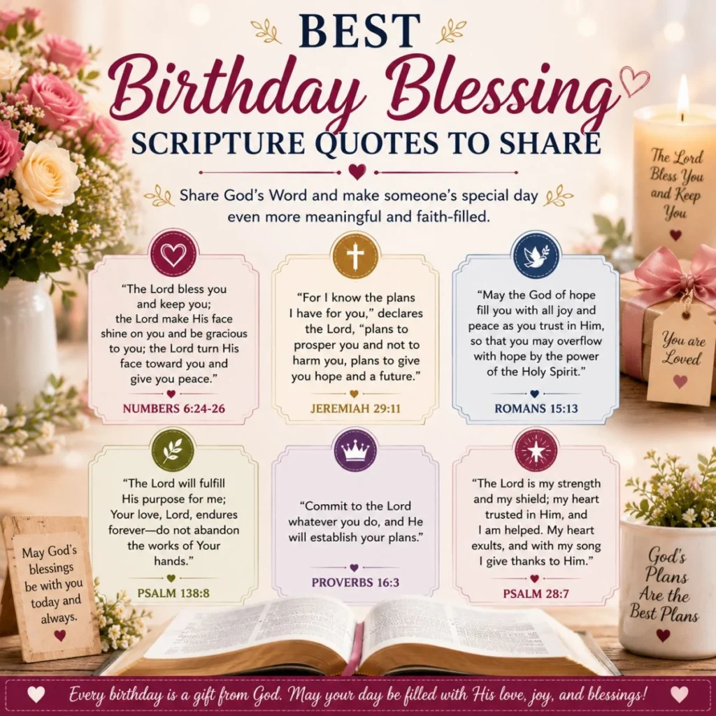 Best birthday blessing scripture quotes with Bible verses, flowers, open Bible, and faith-filled birthday wishes