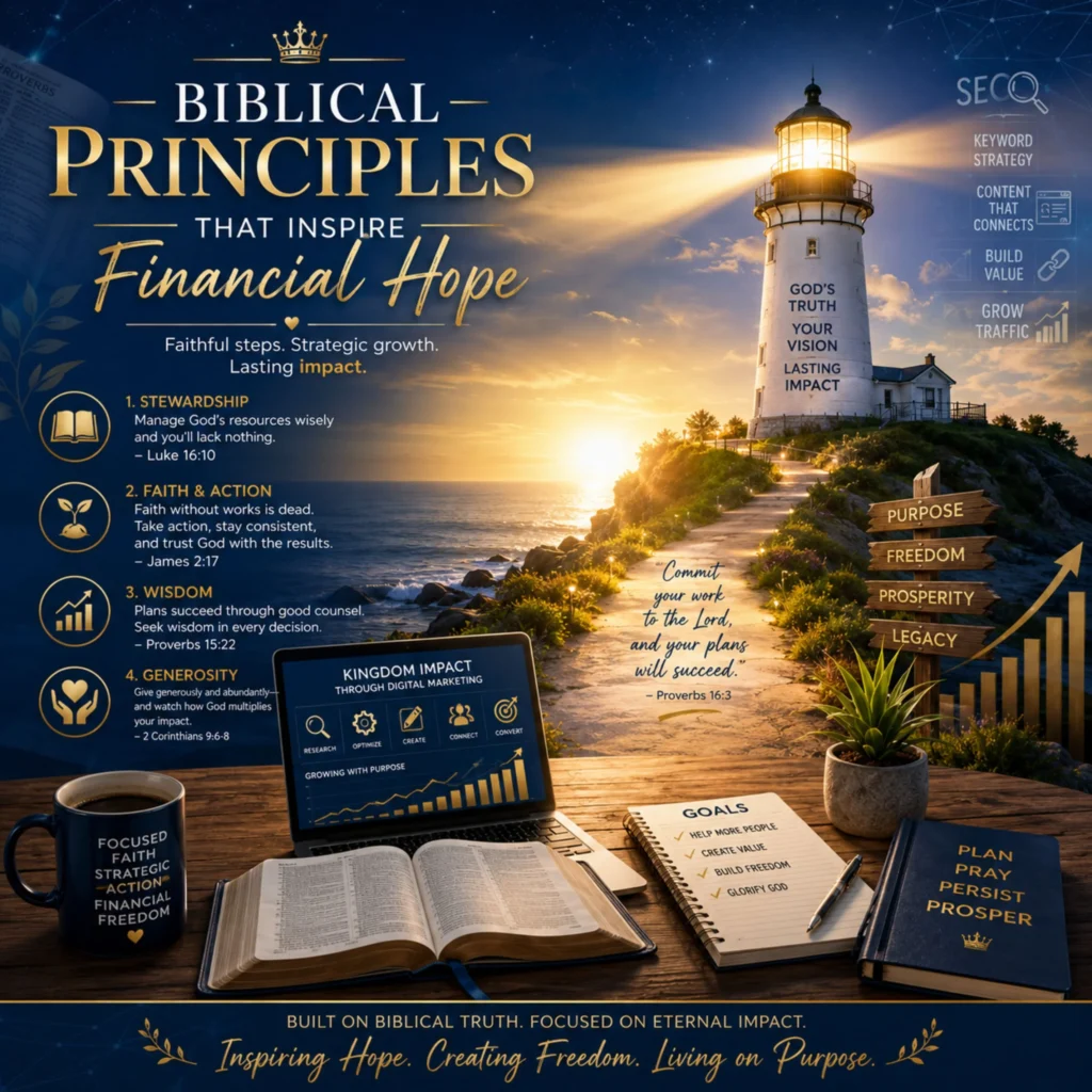Biblical principles for financial hope with an open Bible, light rays, and symbols of faith and prosperity