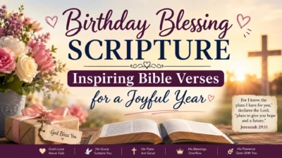 Birthday blessing scripture image with Bible, flowers, gift box, cross, and inspiring Bible verses for a joyful year