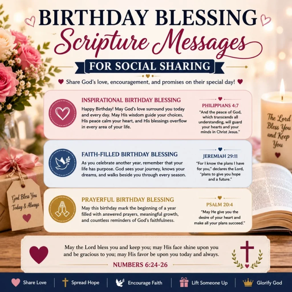 Birthday blessing scripture messages for social sharing with Bible verses, flowers, candle, and faith-filled wishes