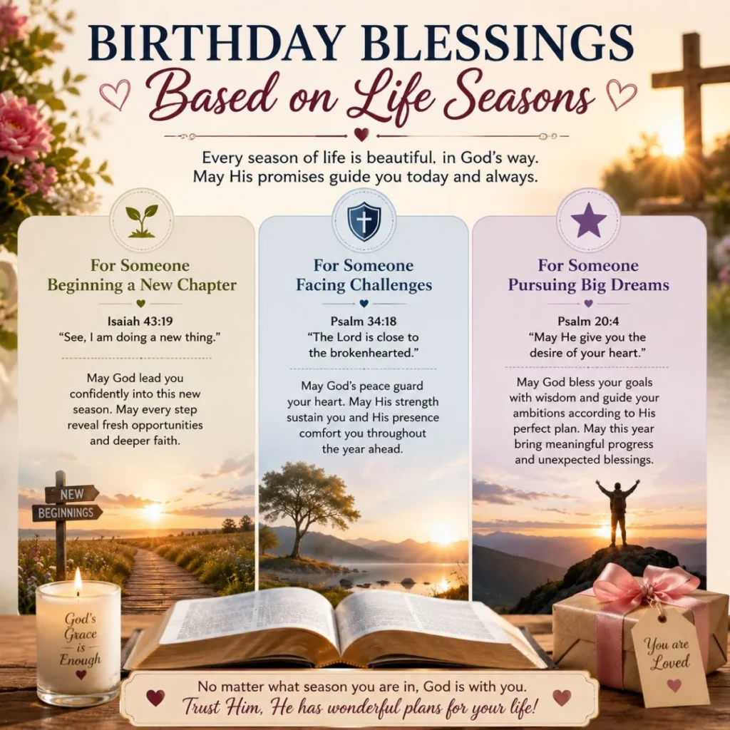 Birthday blessings based on life seasons with Bible verses, open Bible, cross, and faith-filled encouragement