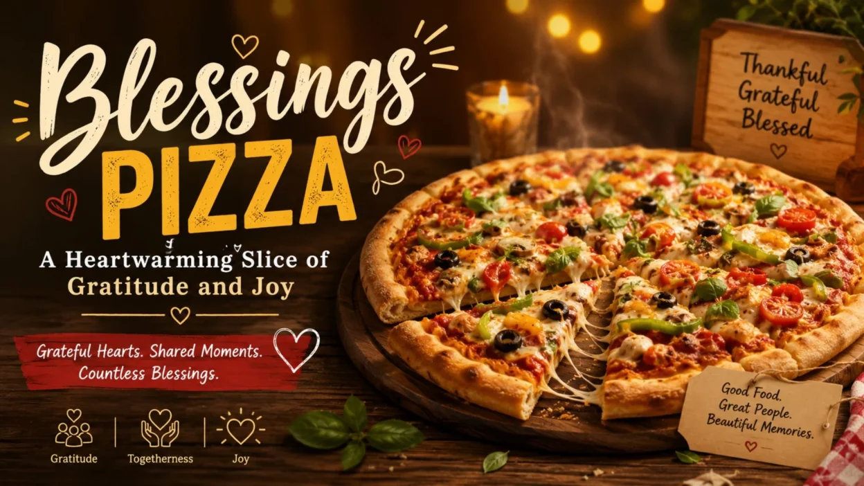 Blessings Pizza with warm family-style ambiance, gratitude theme, and a delicious pizza shared with loved ones