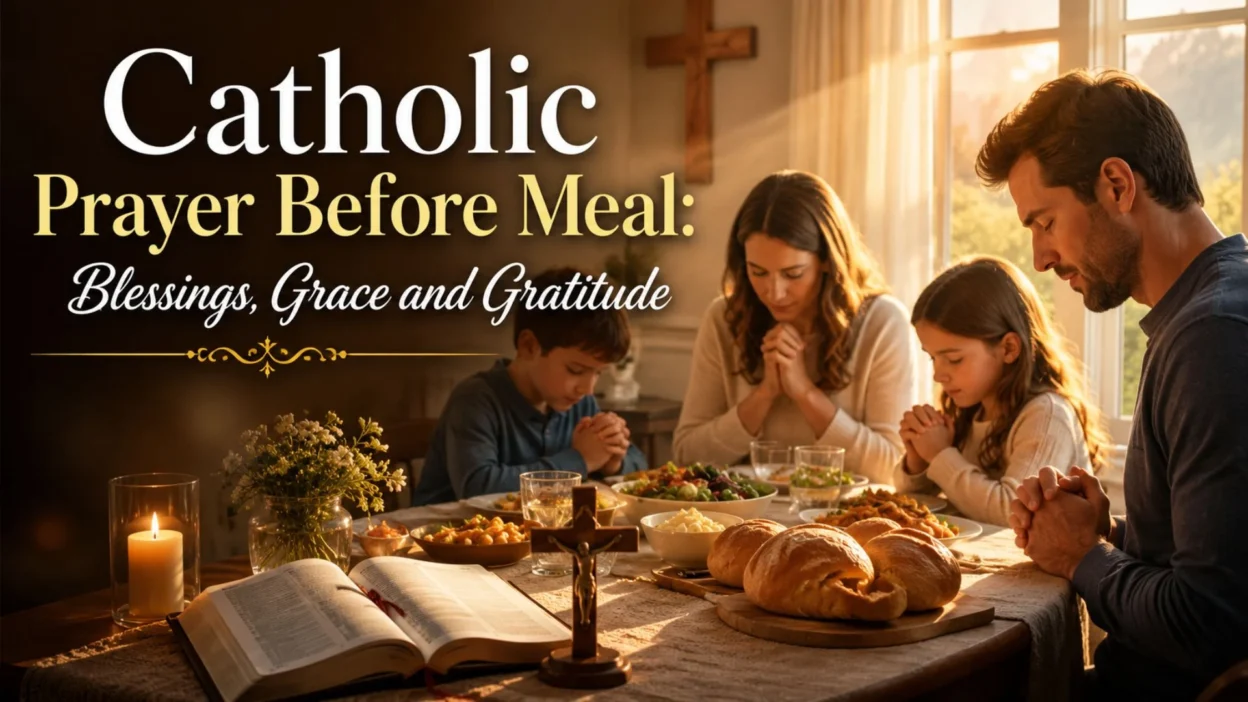Catholic family praying before a meal with Bible, cross, and candlelight, expressing blessings, grace, and gratitude
