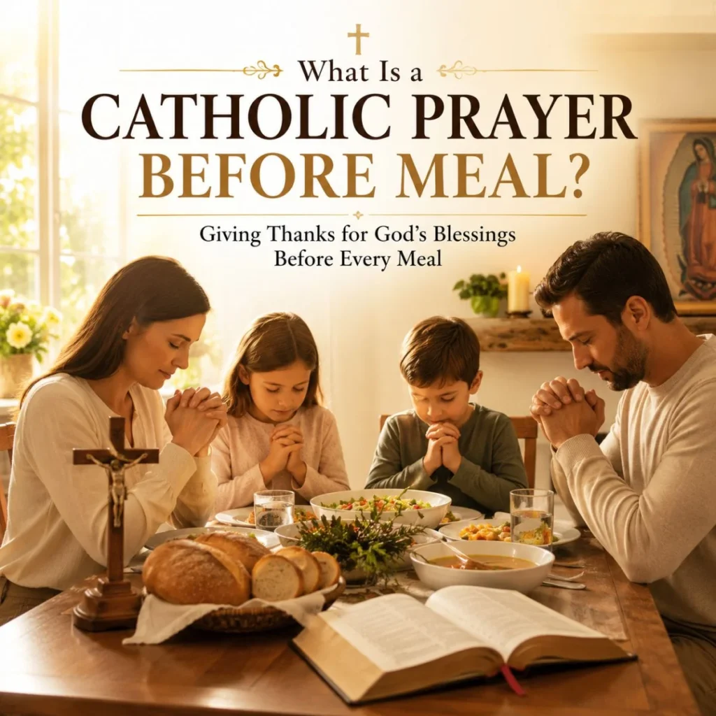 Catholic family praying before a meal with folded hands, Bible, cross, and dinner table in warm golden light