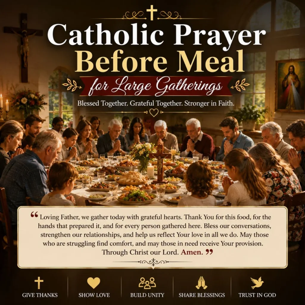 Large Catholic family gathering in prayer before a meal, sharing gratitude, faith, and blessings around the table