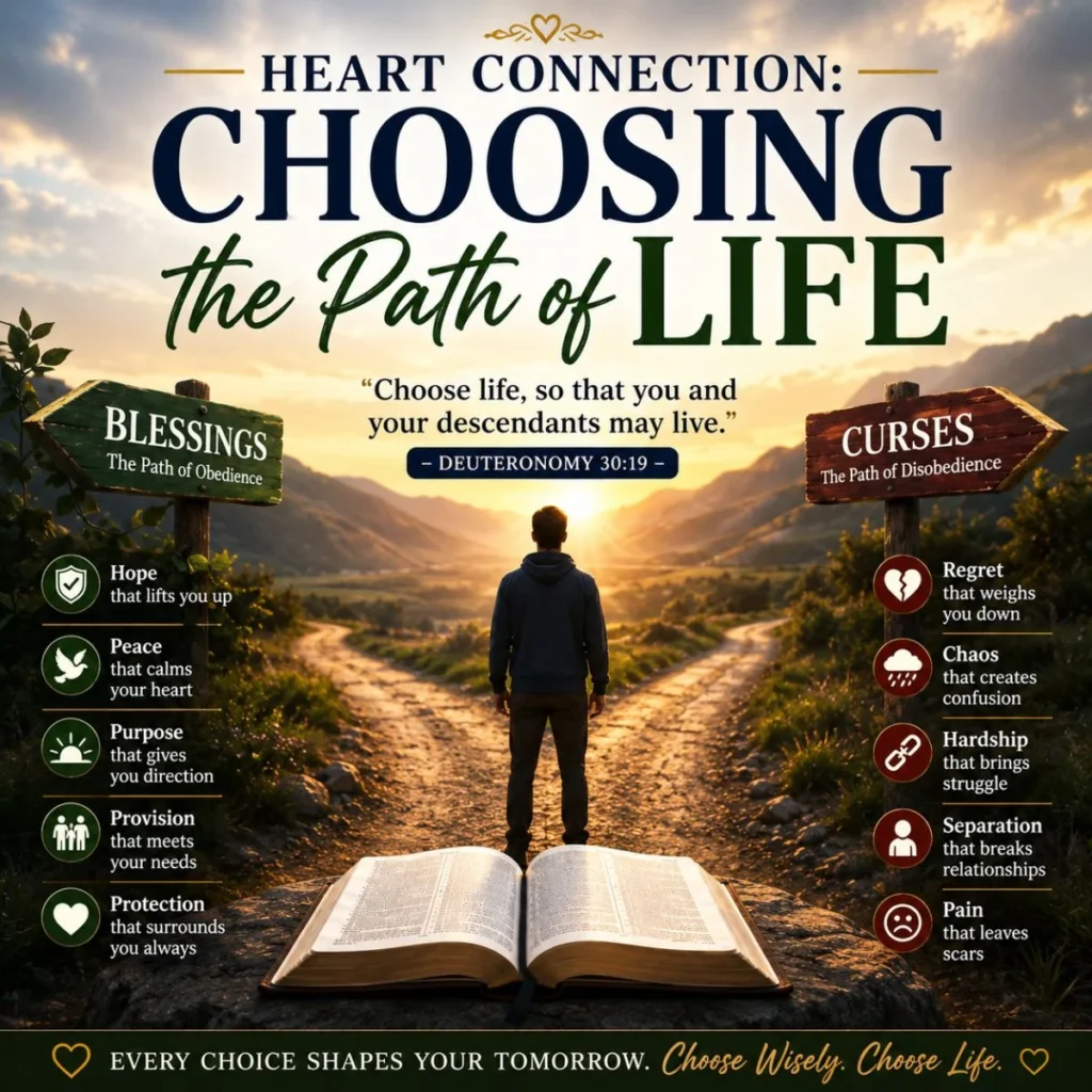 Choosing the path of life with Bible, crossroads, and Deuteronomy blessings and curses at sunrise