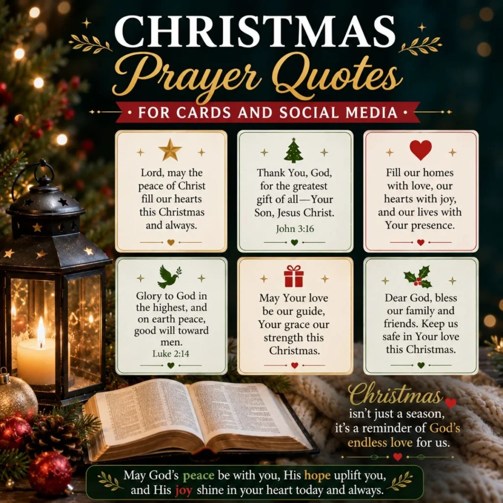 Christmas prayer quotes for cards and social media with Bible, lantern, festive lights, and inspirational messages