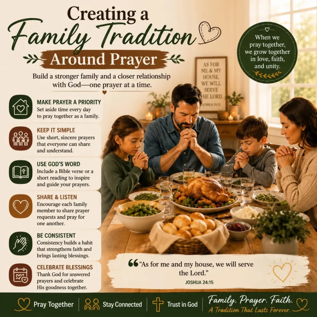Family praying together at dinner while creating a family tradition around prayer and faith at home
