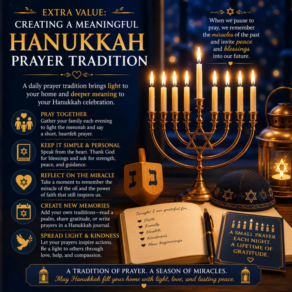 Meaningful Hanukkah prayer tradition with menorah, dreidel, gratitude journal, and candlelight reflections