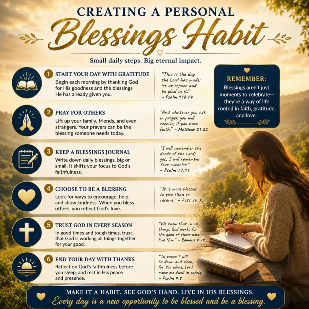 Christian infographic on creating a personal blessings habit with gratitude, prayer, journaling, and faith