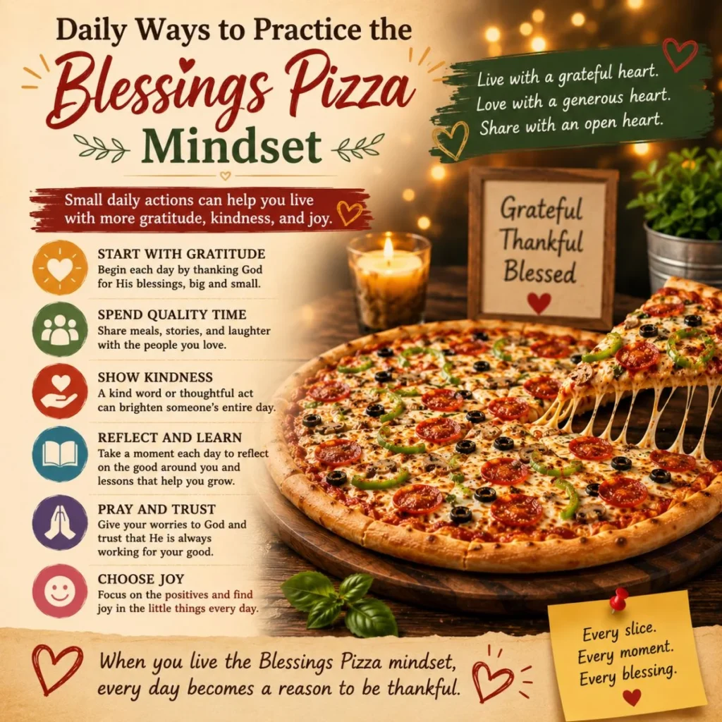 Daily ways to practice the Blessings Pizza mindset through gratitude, kindness, prayer, joy, and meaningful connections