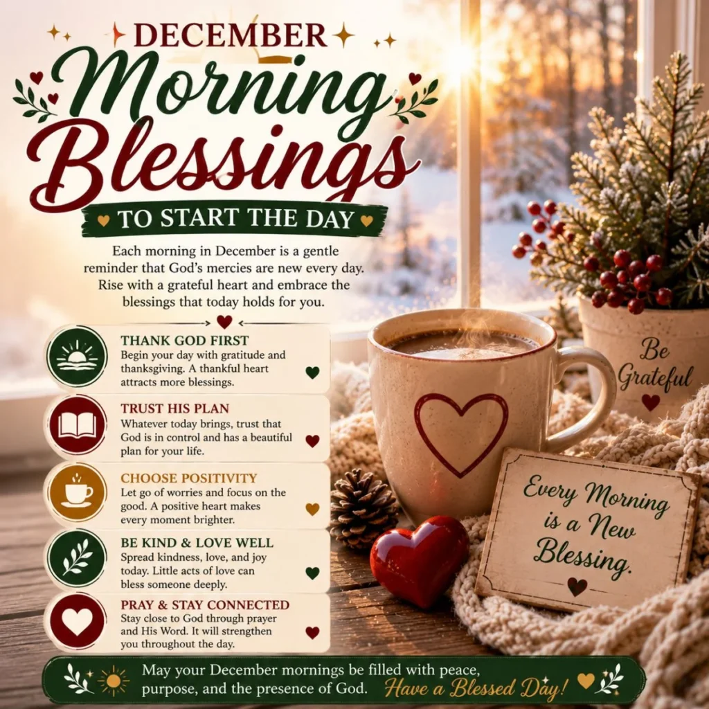 December morning blessings with gratitude, prayer, positivity, and a cozy winter sunrise scene