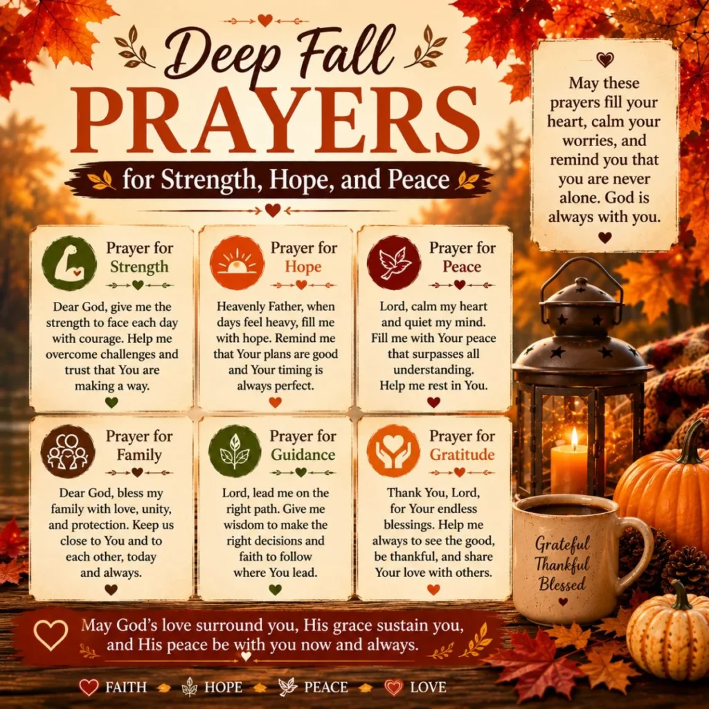 Deep fall prayers for strength, hope, and peace with autumn leaves, lantern, pumpkins, and faith-inspired messages