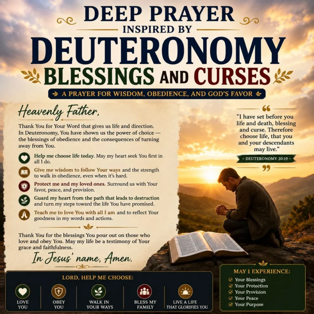 Deep prayer inspired by Deuteronomy blessings and curses with Bible, sunrise, and believer praying in faith