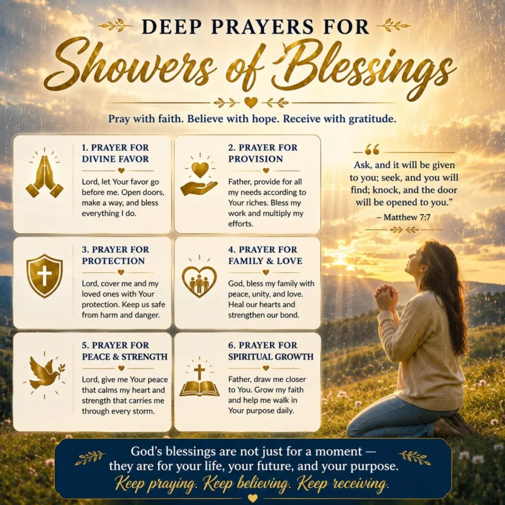 Christian prayer infographic for showers of blessings with faith, provision, protection, peace, and spiritual growth
