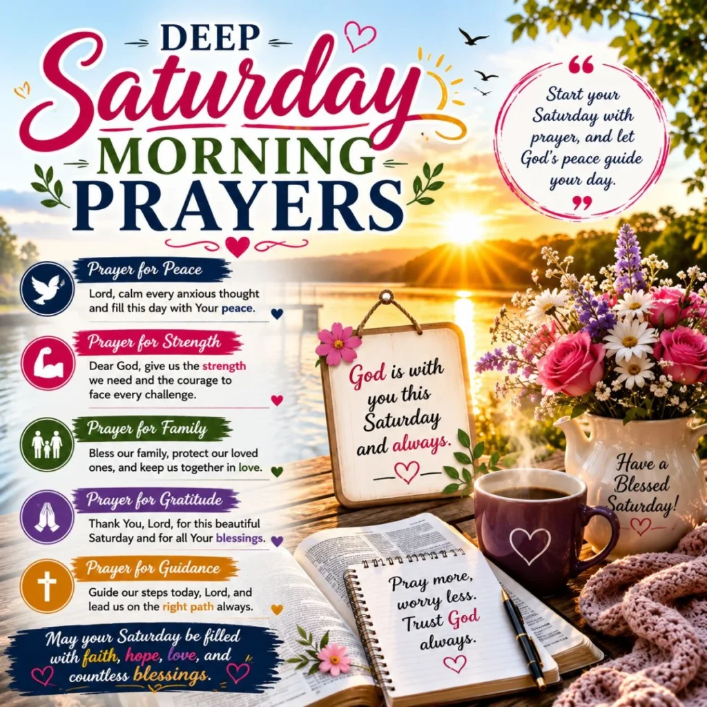 Deep Saturday morning prayers image with sunrise, Bible, flowers, coffee, and inspirational weekend blessings