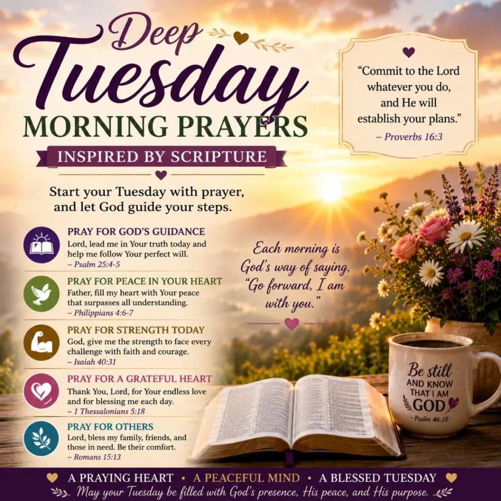 Deep Tuesday Morning Prayers Inspired by Scripture with sunrise, open Bible, and faith-filled prayer message