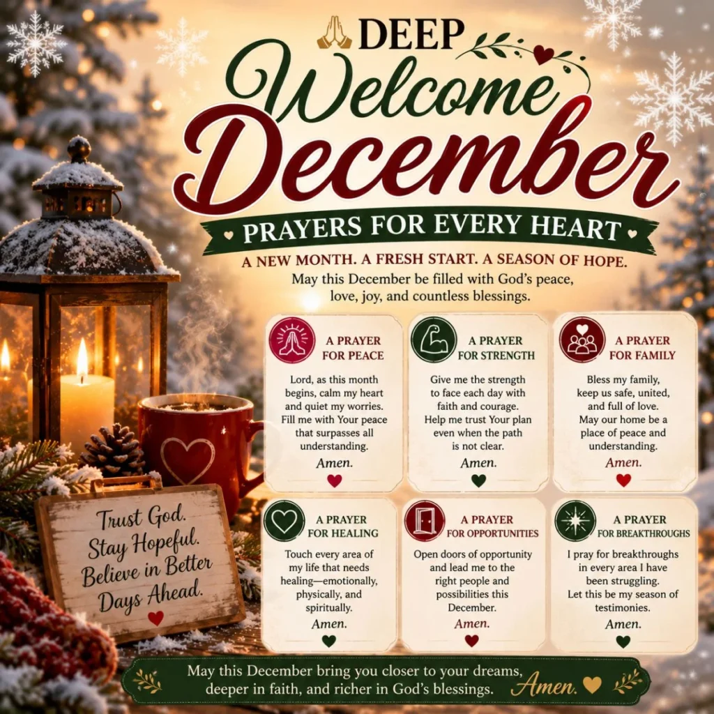Deep welcome December prayers for every heart with peace, strength, healing, hope, and cozy winter decor