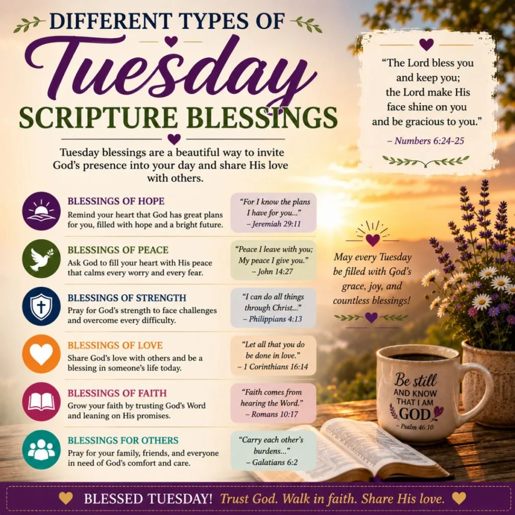 Different Types of Tuesday Scripture Blessings infographic with Bible, sunrise, faith, hope, peace, and strength