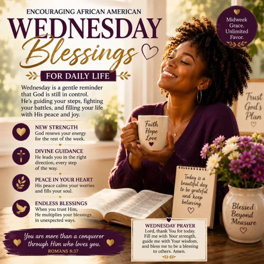 Encouraging African American Wednesday blessings image with Bible, flowers, and faith-inspired daily encouragement