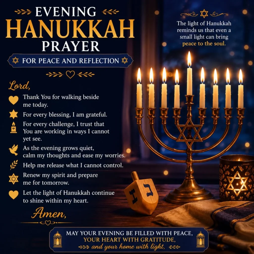 Evening Hanukkah prayer for peace and reflection with glowing menorah candles and peaceful night setting