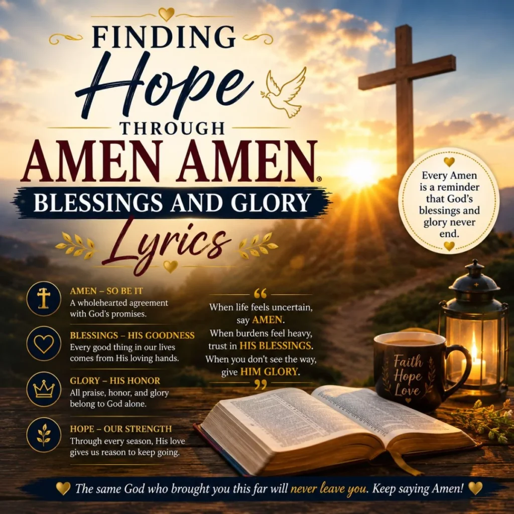Finding Hope Through Amen Amen Blessings and Glory Lyrics image with cross, Bible, and sunrise symbolizing faith