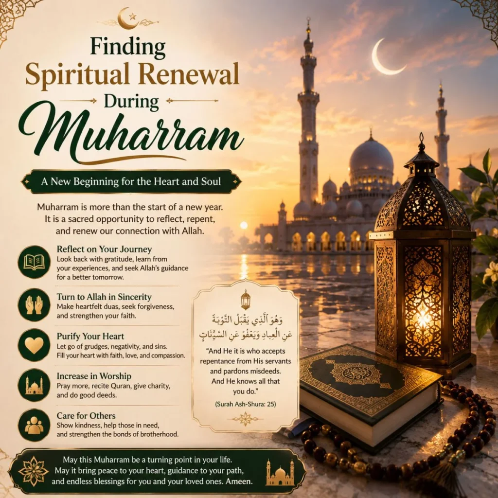Finding spiritual renewal during Muharram with mosque, Quran, lantern, and Islamic reflection