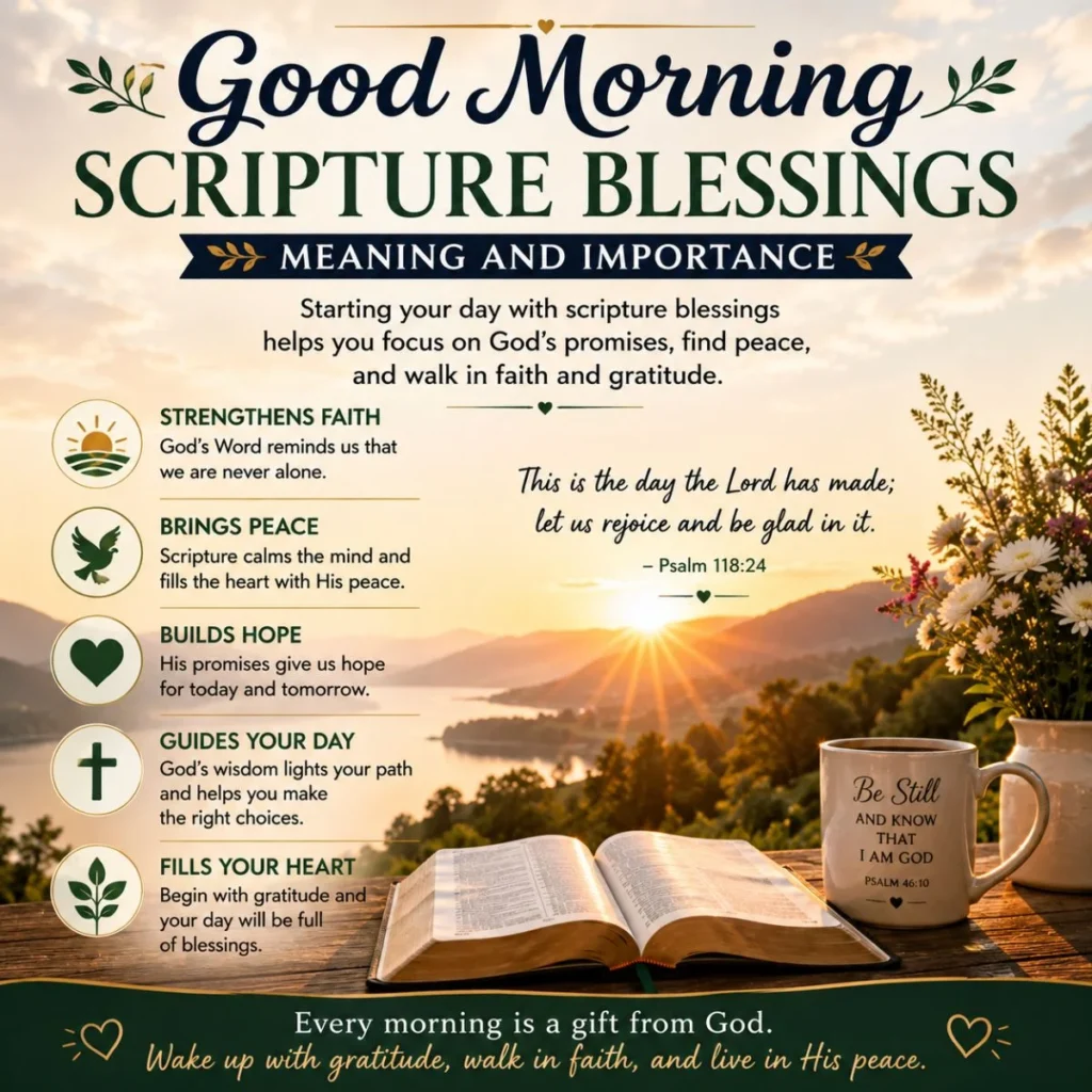 Good morning scripture blessings meaning and importance with sunrise, open Bible, and peaceful Christian inspiration