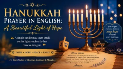 Hanukkah prayer in English with glowing menorah candles, dreidel, and message of hope and faith