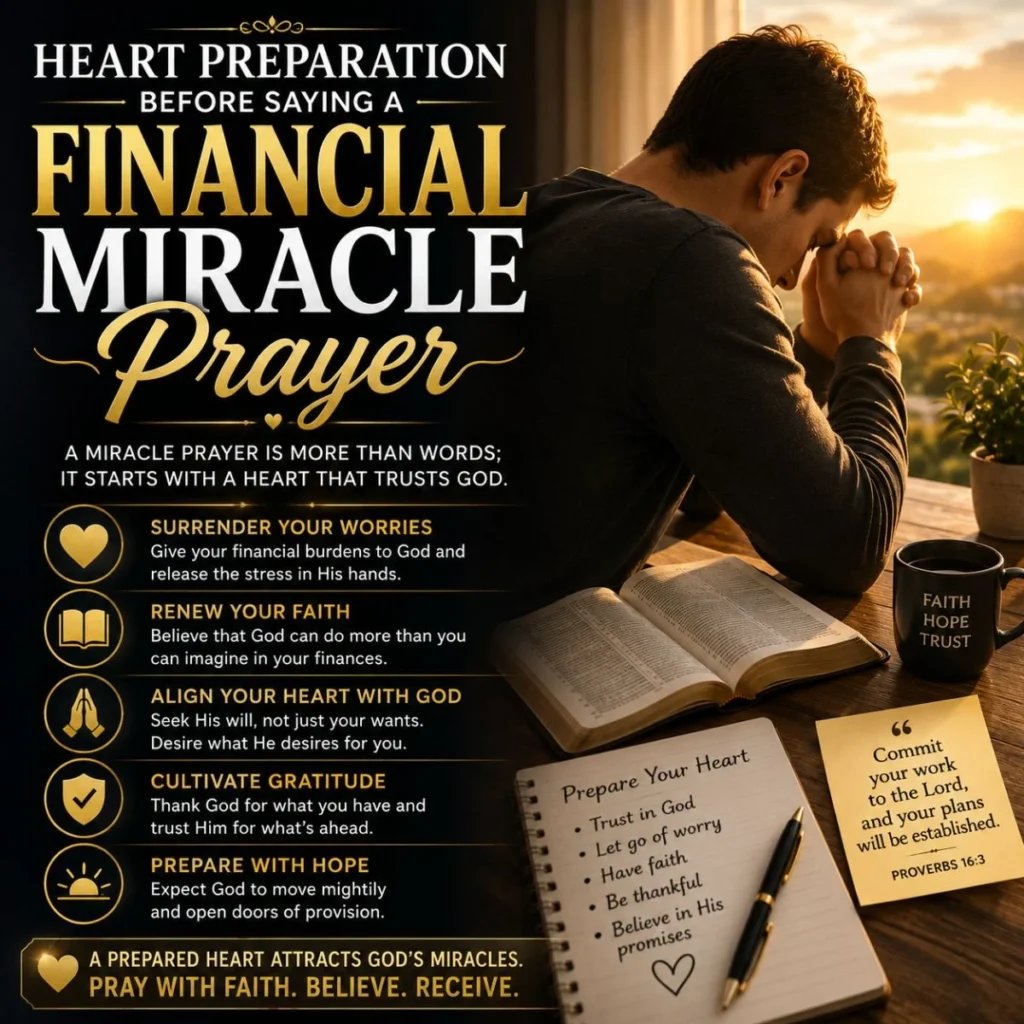 Heart preparation before saying a financial miracle prayer with a person praying beside an open Bible