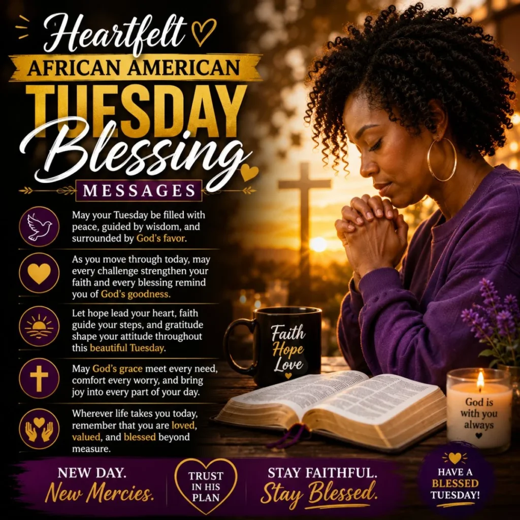 Heartfelt African American Tuesday blessing messages with praying woman, Bible, sunrise, faith, hope, and prayer.