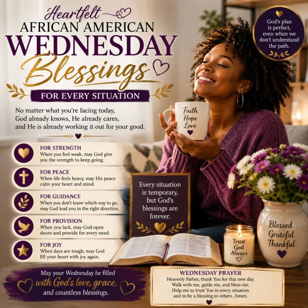 Heartfelt African American Wednesday blessings image with Bible, flowers, and faith-filled messages for every situation