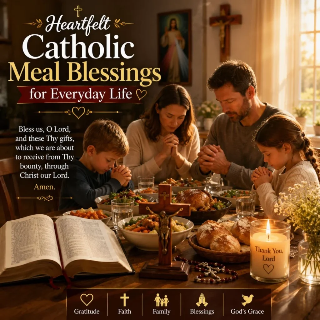Catholic family praying before dinner with Bible, cross, and meal blessings for everyday life