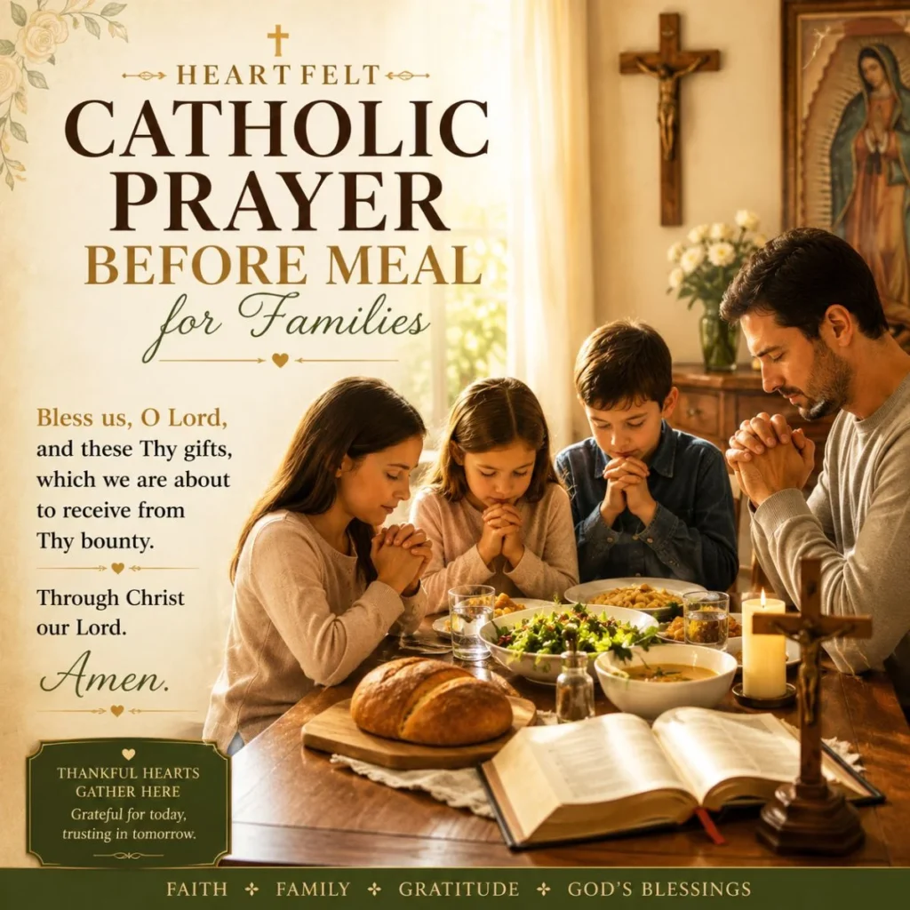 Catholic family praying before dinner with Bible, cross, and heartfelt meal blessing in warm evening light