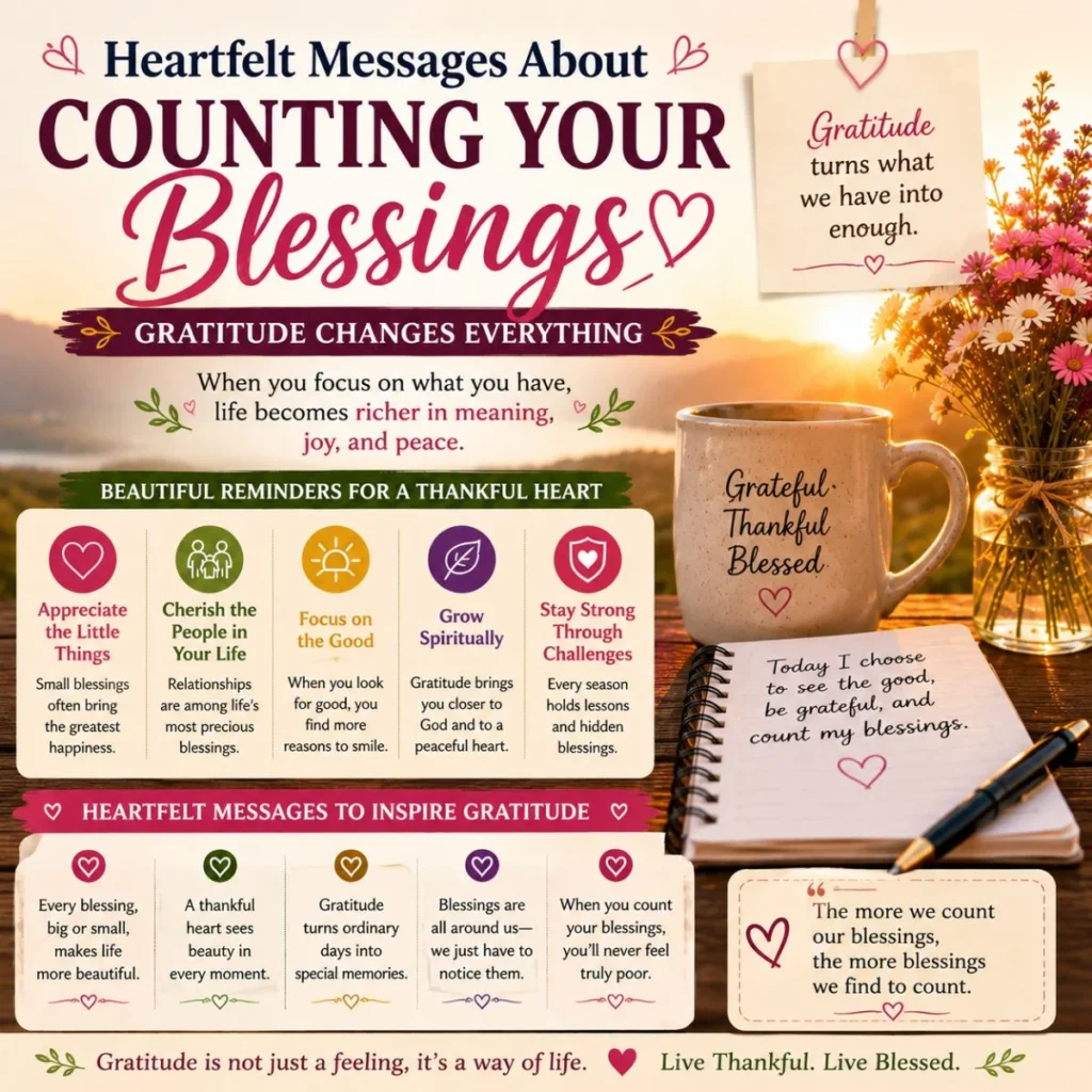 Heartfelt messages about counting your blessings with gratitude quotes, sunrise, journal, flowers, and coffee mug