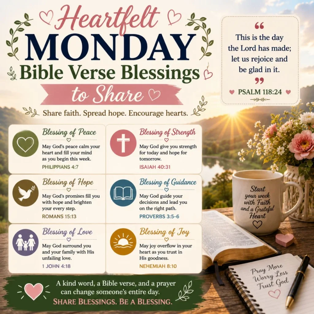 Heartfelt Monday Bible verse blessings to share with peace, hope, love, joy, strength, and faith-filled encouragement