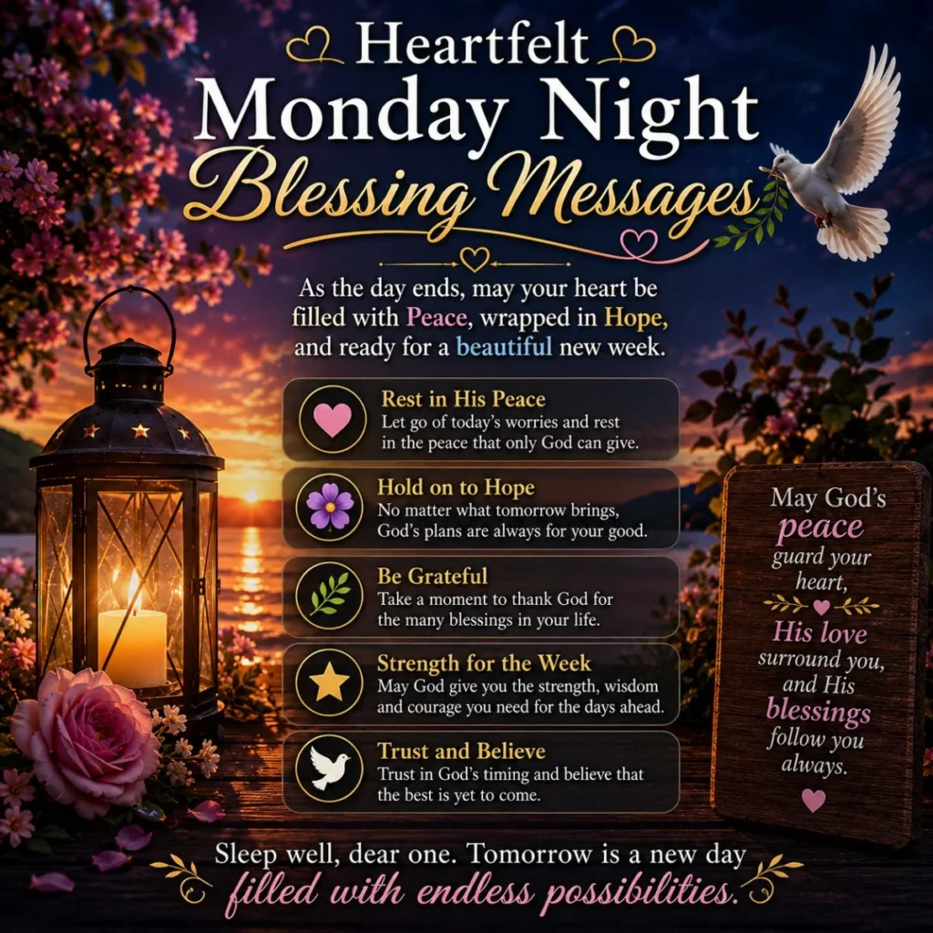 Heartfelt Monday night blessing messages with sunset lake, lantern, dove, and inspiring words of peace and hope