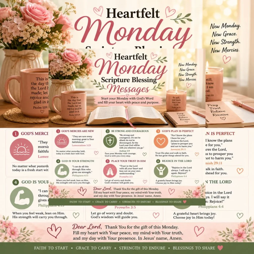 Heartfelt Monday Scripture blessing messages with Bible verses, floral decor, faith encouragement, and morning inspiration.