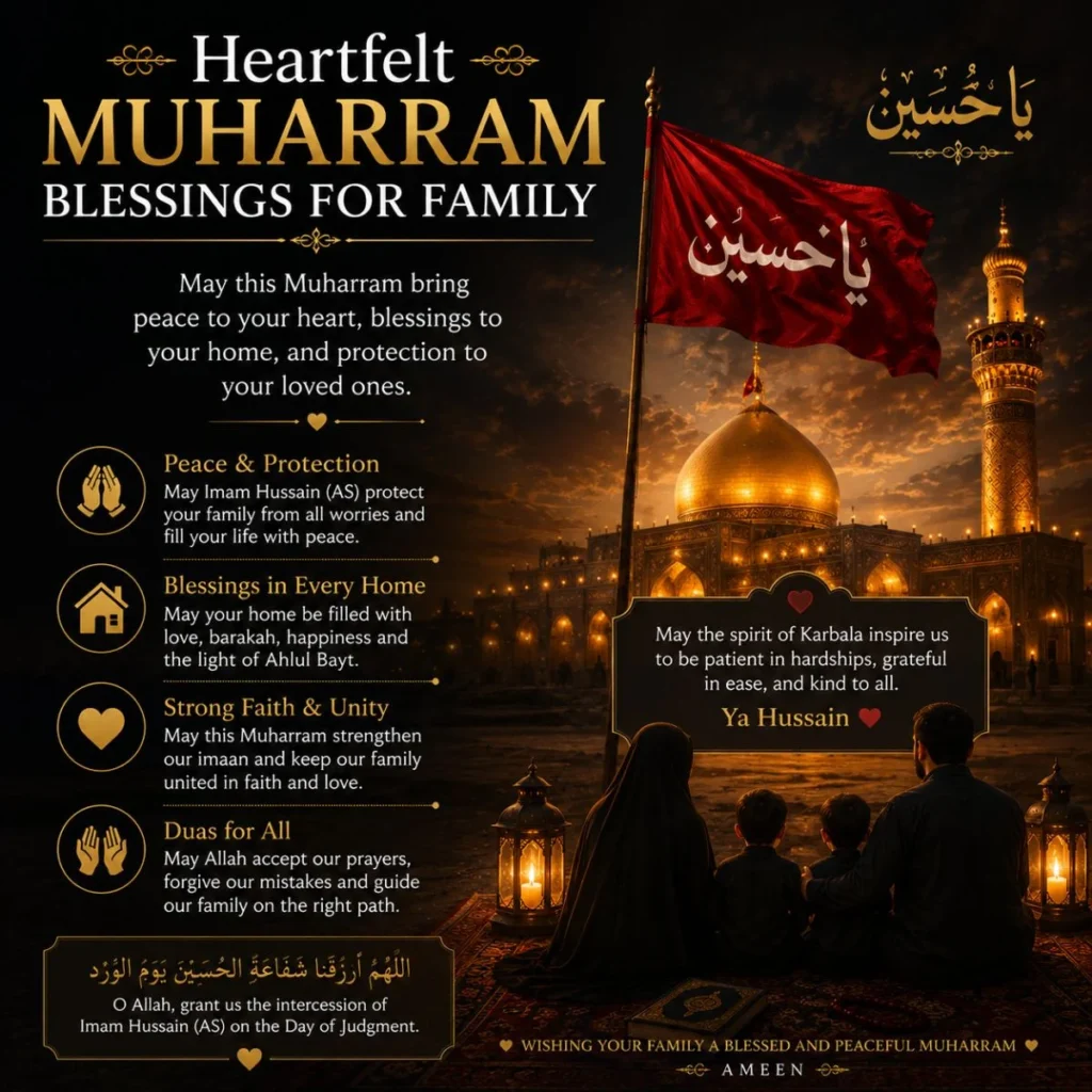 Heartfelt Muharram Blessings for Family image with Karbala shrine, Ya Hussain flag, and family praying together
