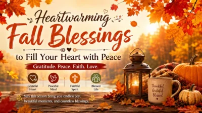 Heartwarming fall blessings with autumn leaves, lantern, pumpkins, and peaceful gratitude-inspired decor